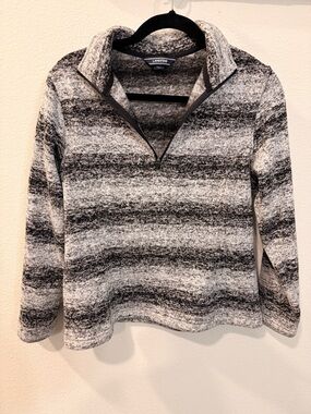 Lands' End Women's Black & White Striped Zip-Neck Sweater
